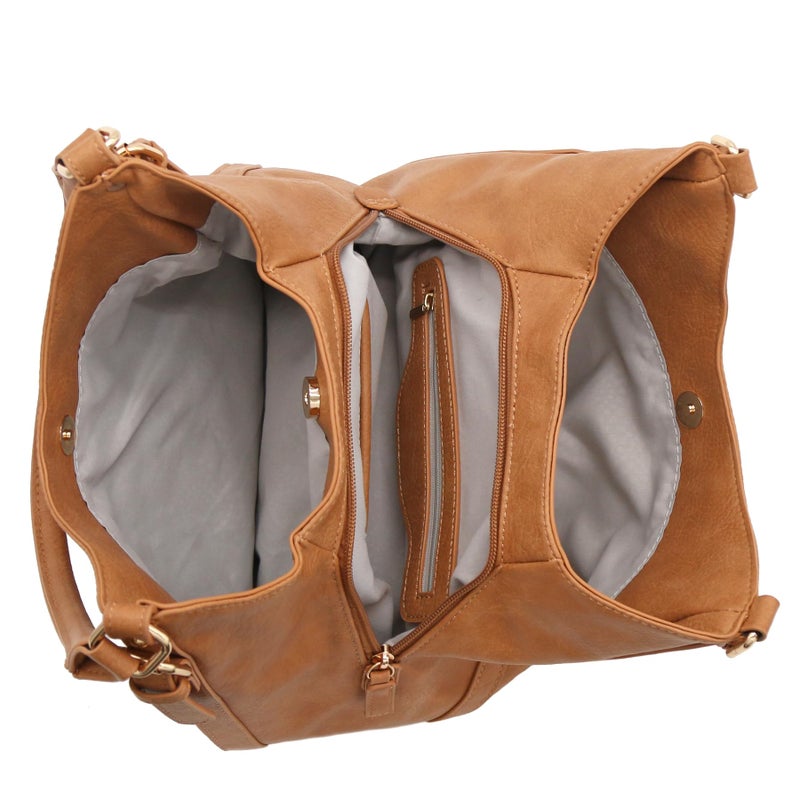 FashionPuzzle Light-weight 3 Compartment Faux Leather Medium Hobo Bag (Tan) - Image 5